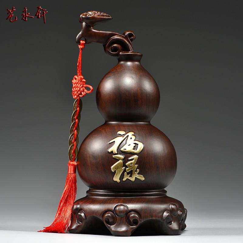 艺永轩 实木黑檀木雕禄禄如意葫芦工艺品客厅玄关电视柜装饰董事长总