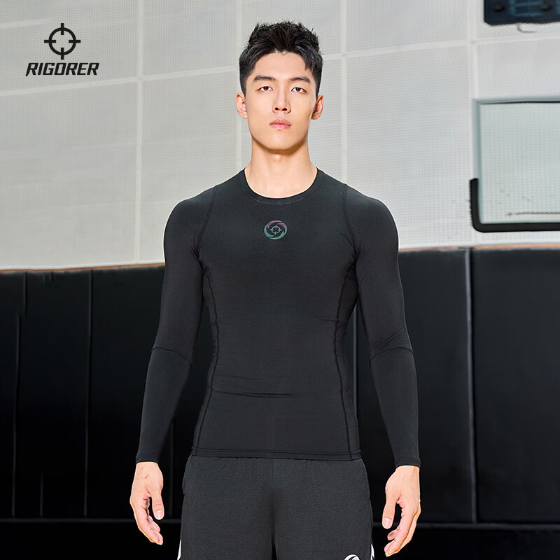 准者压缩衣男新款圆领长袖健身衣跑步速干高弹训练柔软透气轻薄紧身衣 纯正黑 L 175
