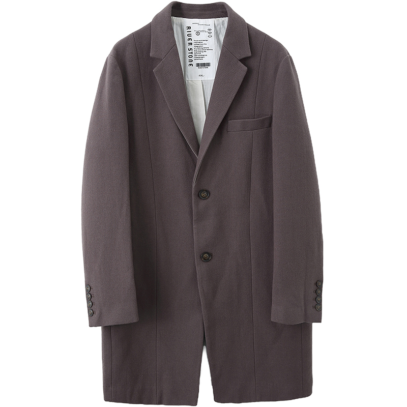 清款】流石男装原创设计冬季新款西装领男士中长款绵羊毛大衣 灰卡其