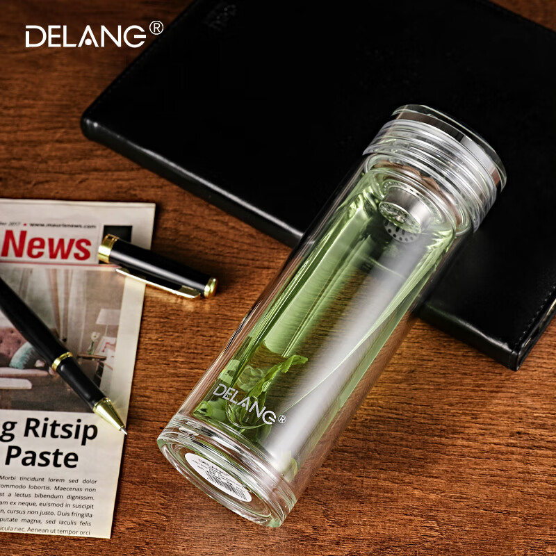 德琅(DELANG)德国品牌水杯双层玻璃杯商务办公玻璃杯 茶水分离杯8003-镜面杯盖-茶滤款
