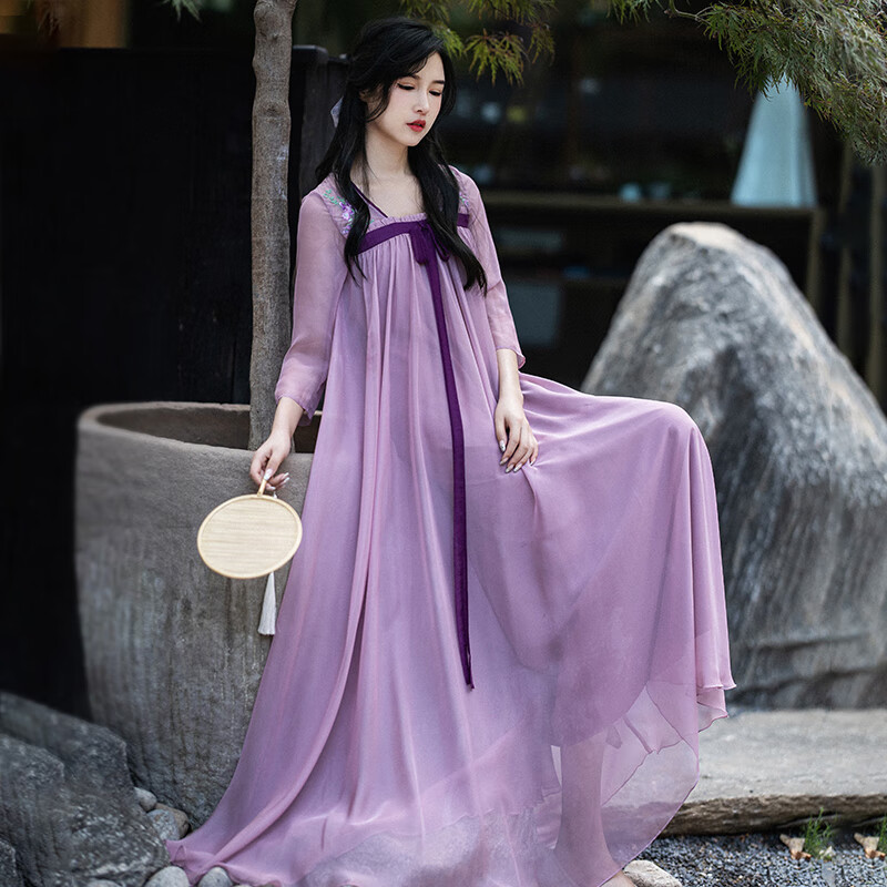 歌珀尼大码汉服女200斤夏季新款改良襦裙汉元素连衣裙紫色仙气飘逸