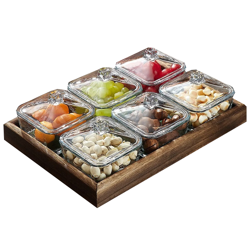 青蘋果 點心分隔拼盤玻璃水果盤現(xiàn)代客廳小吃盤子家用創(chuàng)意零食糖果盤 帶蓋錘紋碗x6+6格海棠盤