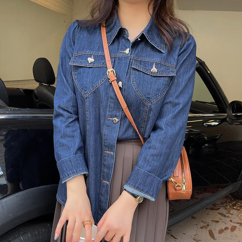 长袖牛仔衬衫200韩版秋季开衫外套胖妞胖子 牛仔蓝 4xl建议130-150斤