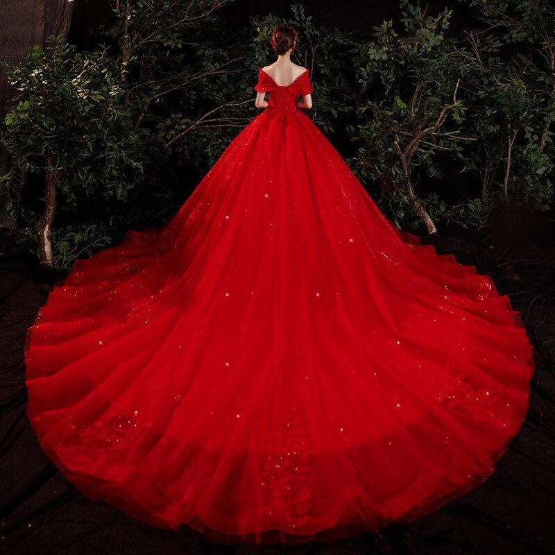 nasalike甄选品质婚纱新娘主纱红色一字肩主婚纱礼服2023新娘森系冬天