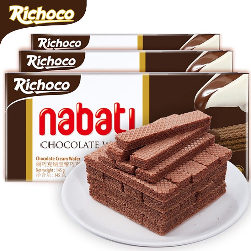 Nabati 丽芝士（Richeese）进口闲零食 威化饼干 早餐下午茶量贩装巧克力味145g*3 巧克力 145g*3