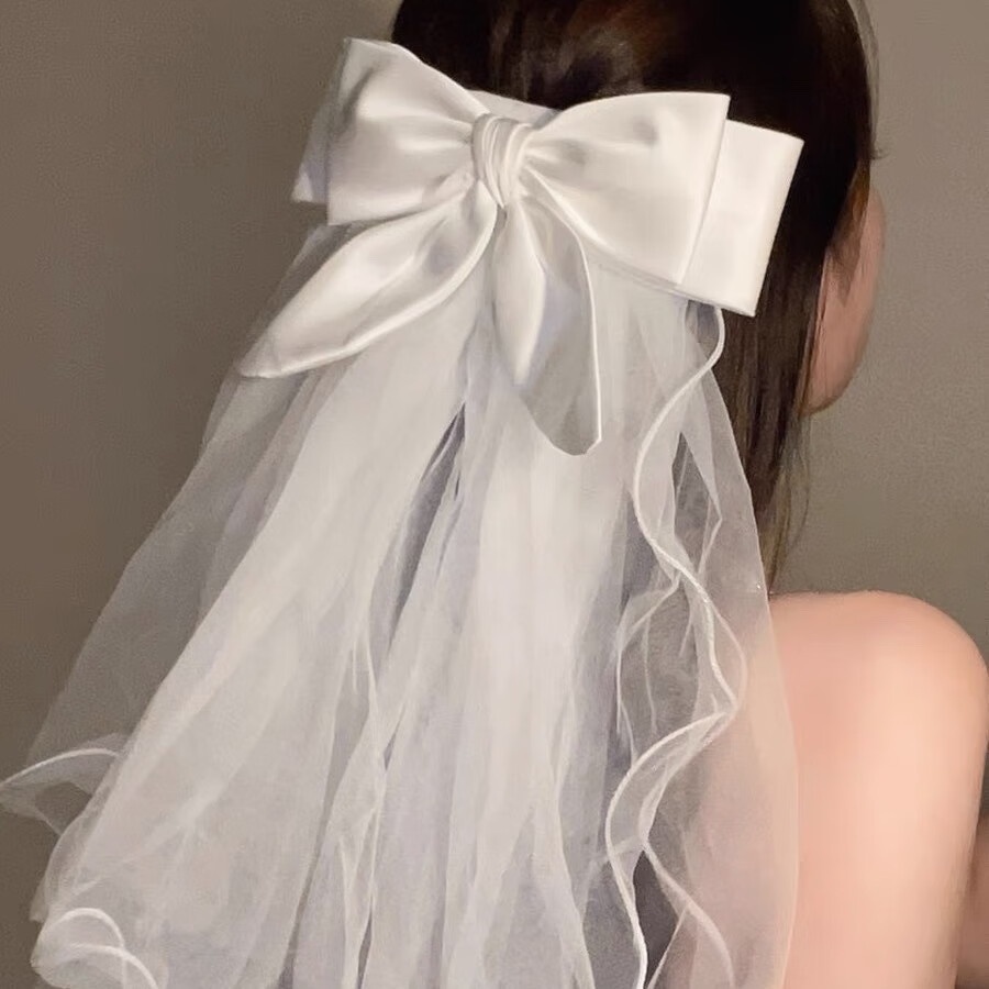 新娘领证头纱求婚结婚拍照道具简约超仙蝴蝶结蓬蓬纱白色婚纱头饰 白色头纱