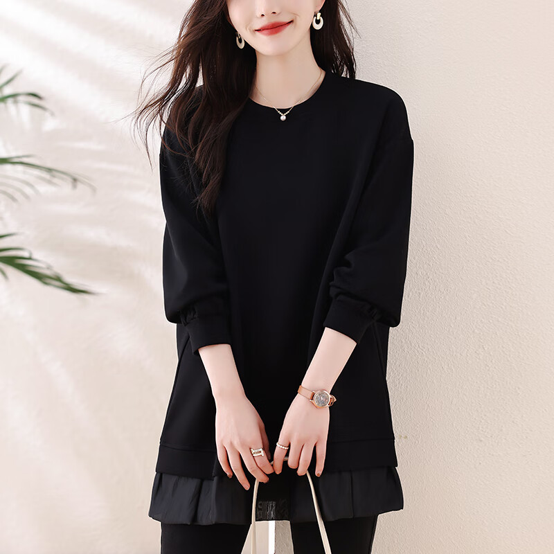 莎妮朵罗大码女装卫衣女宽松胖mm秋装新款中长款微胖遮肚T恤女上衣20490 黑色 L 建议100-115斤穿着