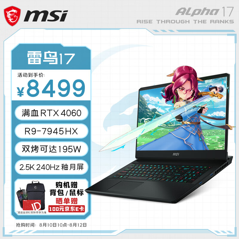 微星（MSI）雷鸟17高端游戏本 17.3英寸高性能电竞笔记本电脑(新R9-7945HX 满血RTX4060 16G 1TB 2.5K 240Hz P3色域屏)