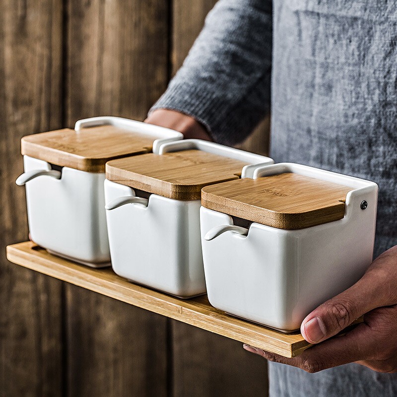 陶瓷调料罐 创意调味盒调料罐盐罐套装日式小清新竹木翻盖家用厨房用品 三件套