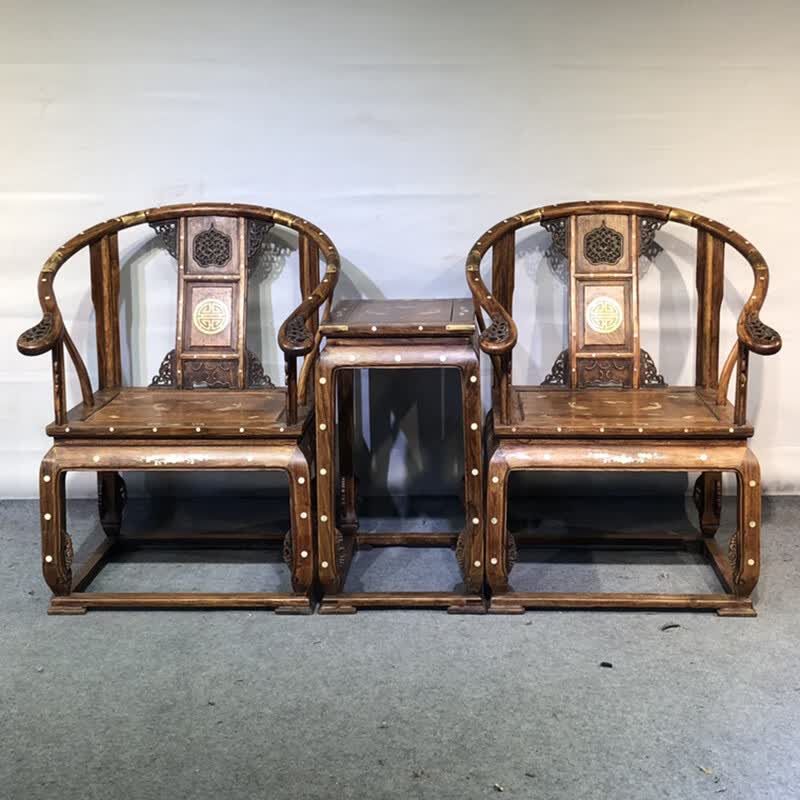 古典家具木质旧藏黄花梨包铜镶贝壳圈椅王-jh1117