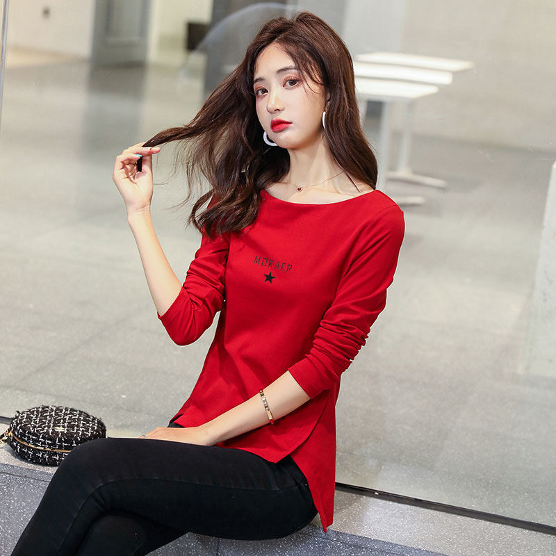 长袖t恤女规则开叉女装韩版修身下摆斜下洋气体恤衫 红色【mokaer】 s