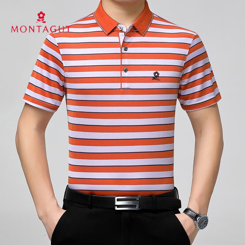 梦特娇桑蚕丝男士短袖t恤夏季中青年宽松条纹冰·丝半袖体恤衫爸爸装