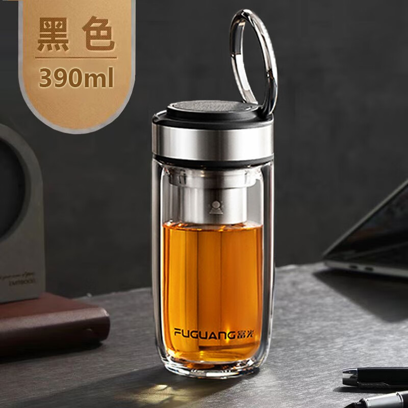 男士大容量办公茶杯玻璃水杯商务便携简约鹅蛋杯 黑色390ml【双层】