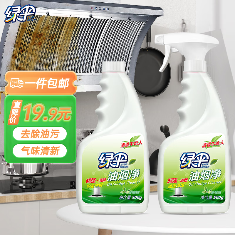 绿伞油烟净(绿茶香) 厨房清洁剂 多功能油污净 去重油 油烟机免拆洗  500g*2瓶