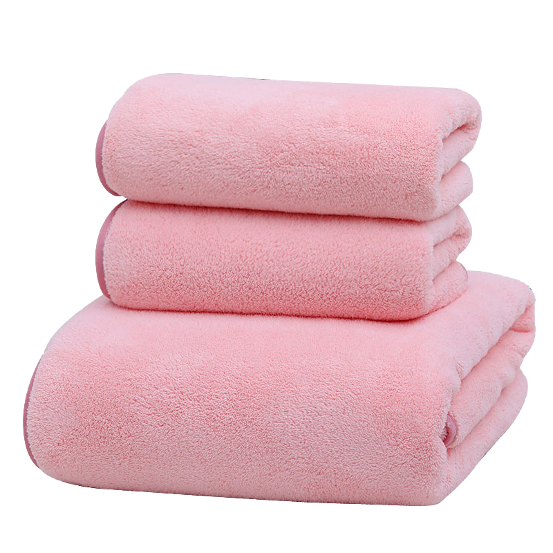 斜月三星 珊瑚绒毛巾+浴巾组合套装 柔软舒适 情侣家用款 粉色珊瑚绒【2毛巾+1浴巾】