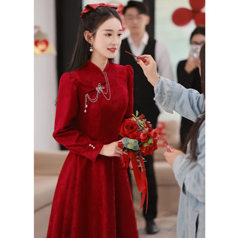 盛妙慈中式旗袍粉色敬酒服新娘2023新款订婚礼服连衣裙长袖平时可穿回门 酒红色 M怎么样,好用不?