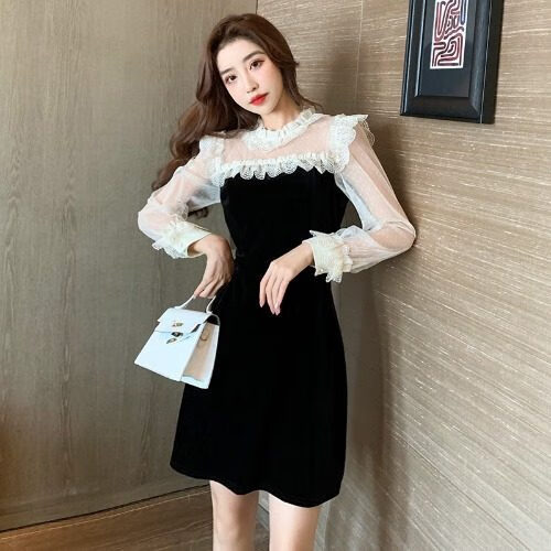 30到40岁至45女士蕾丝连衣裙秋冬季新款法式名媛蕾丝拼接丝绒连衣裙女