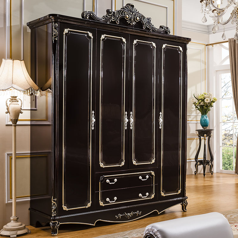欧式实木四门衣柜美式带抽大衣橱新古典卧室收纳储物衣柜 四门衣柜