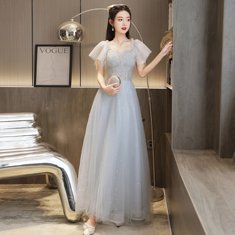粟茝钢琴演出服女成人少女晚礼服艺考轻奢小众高端礼连衣裙 银灰色长