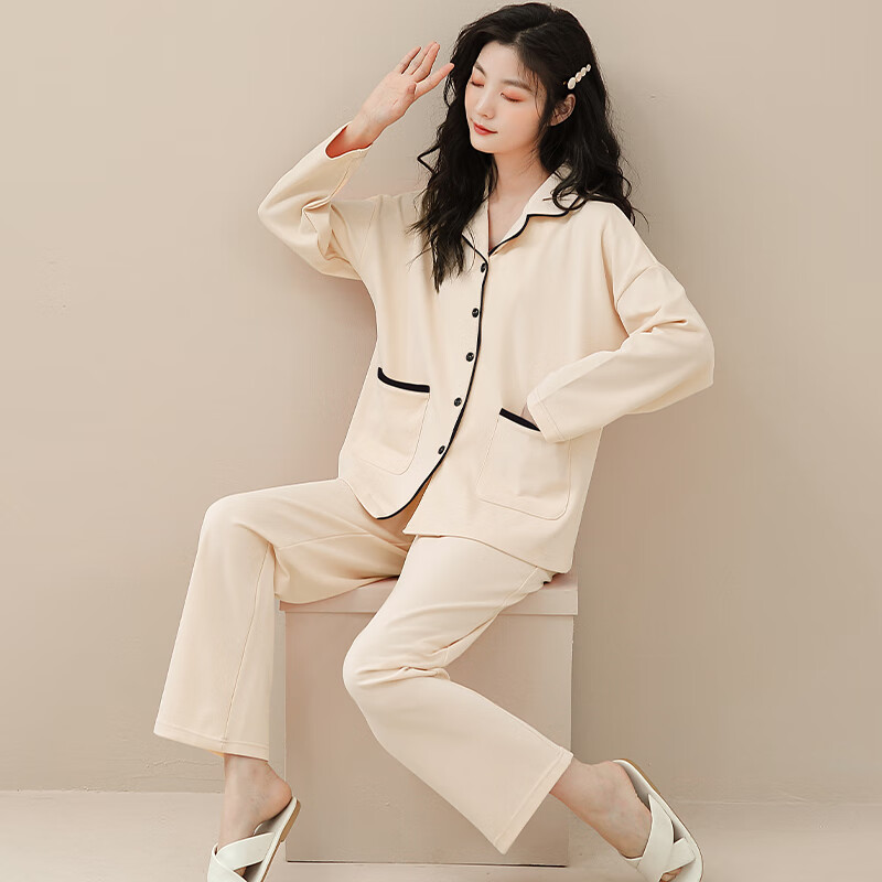 猫人仿棉舒适 春秋新款 长袖开衫 翻领套装 纯色女士加大码 家居服 奶油杏 M --建议【90-100】斤