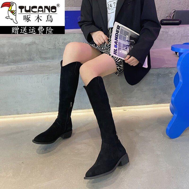 长筒靴女2021秋冬新款英伦风粗跟高筒不过膝小个子显瘦v口骑士靴