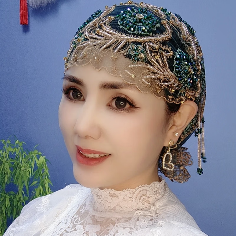 席佰回族帽子 包頭帽魚尾帽蕾絲時(shí)尚紗巾蓋頭巾帽遮發(fā)純手工串珠流蘇 綠色 均碼 松緊彈力