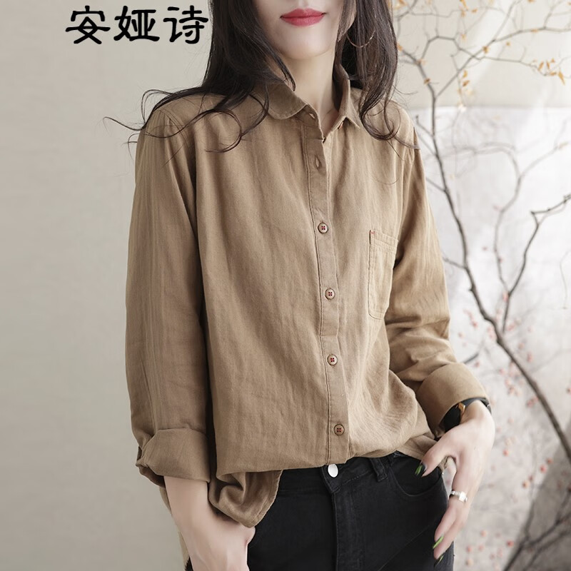 安娅诗衬衫女小众文艺宽松女士上衣春季休闲时尚简约通勤棉纱长袖衬衣 卡其色 均码