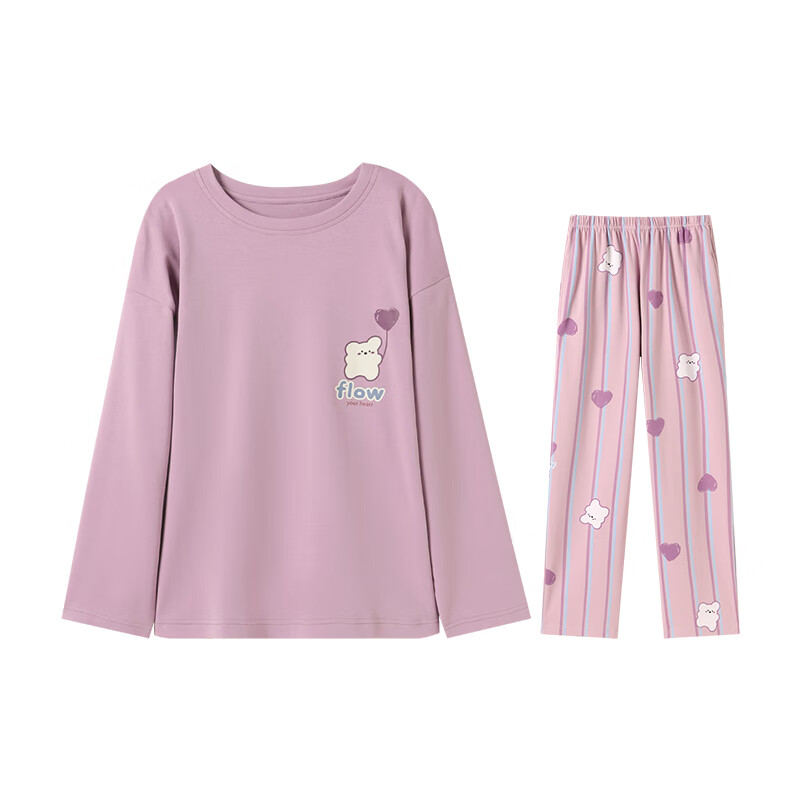 芬腾【纯棉爱心萌熊】冬圆领卡通可外穿长袖女士家居服睡衣套装女 紫色 L