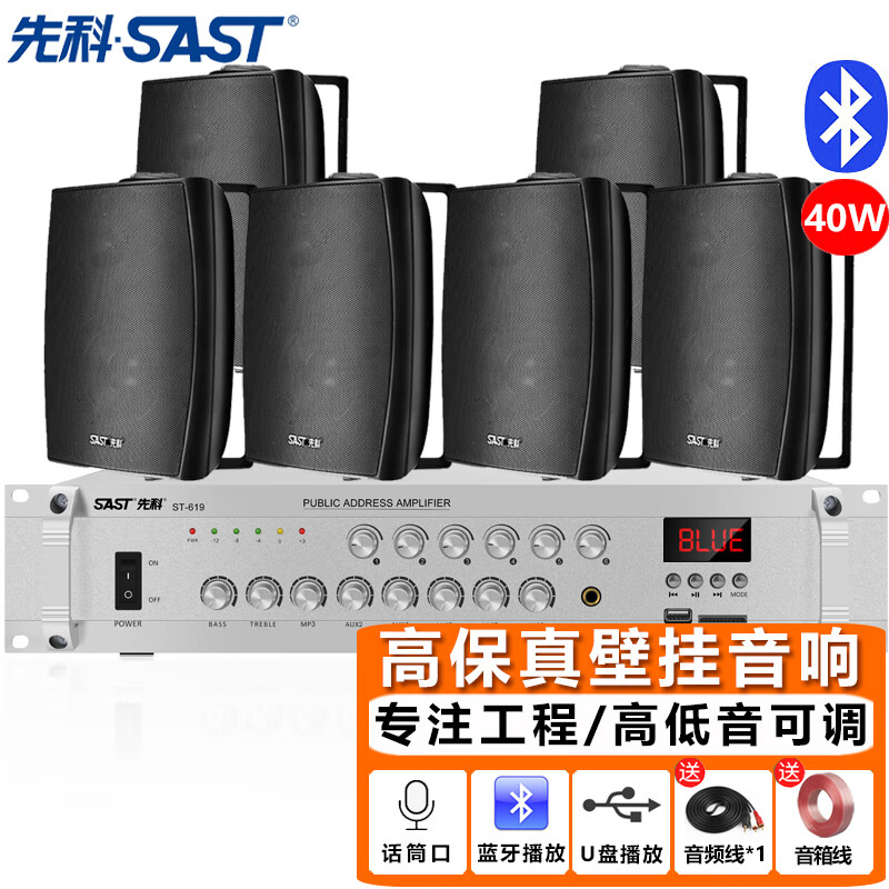 先科（SAST）DW40壁挂音响套装40W音箱喇叭300W功放机蓝牙店铺商用工程会议舞蹈室家用公共广播背景音乐一拖六