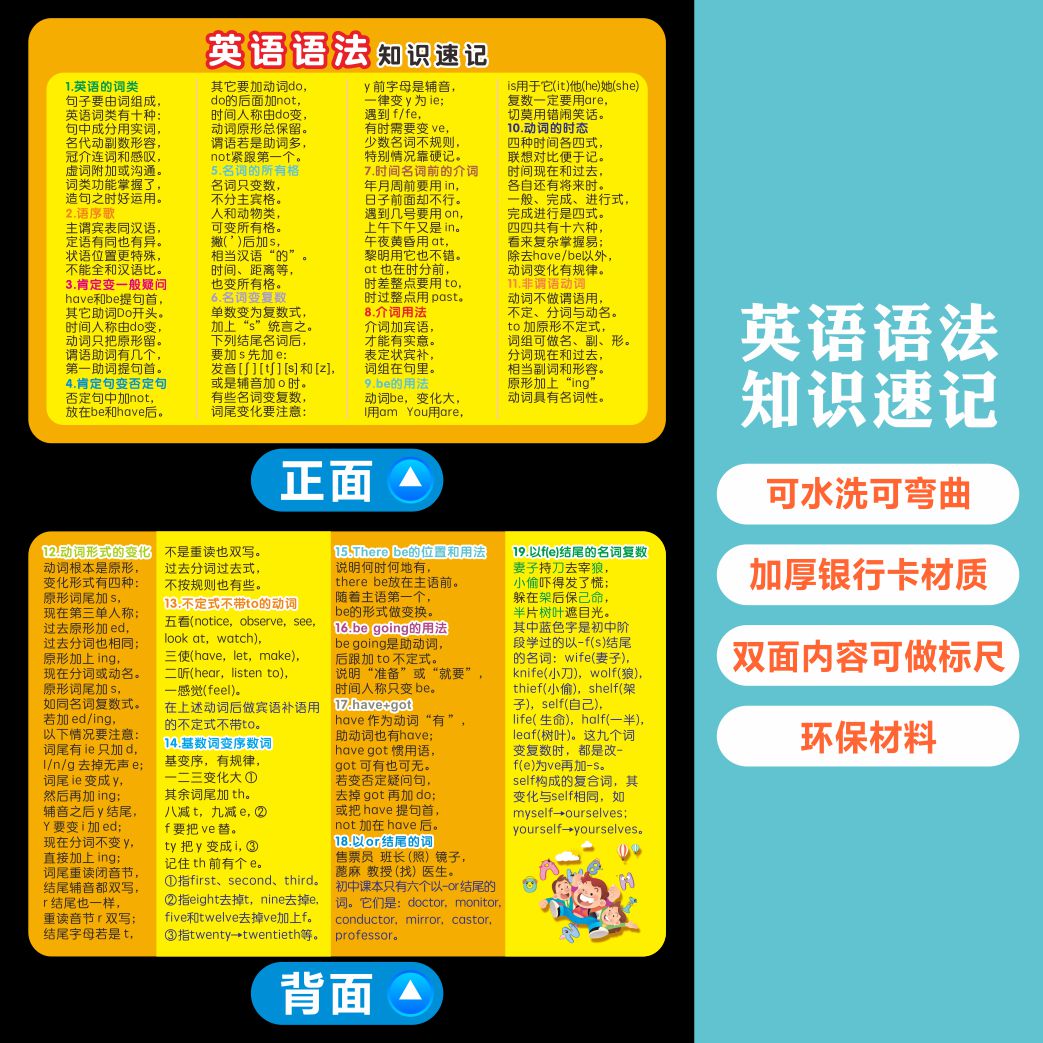 初中化学元素周期表卡片方程式七八九年级数学物理公式知识点速记 英语卡【语法速记】