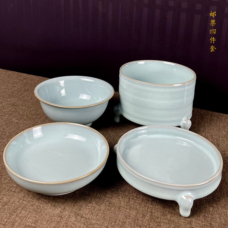 汝誉天下汝窑邮票四件套三足樽三足洗汝州汝瓷纯手工冰裂纹天青釉摆件