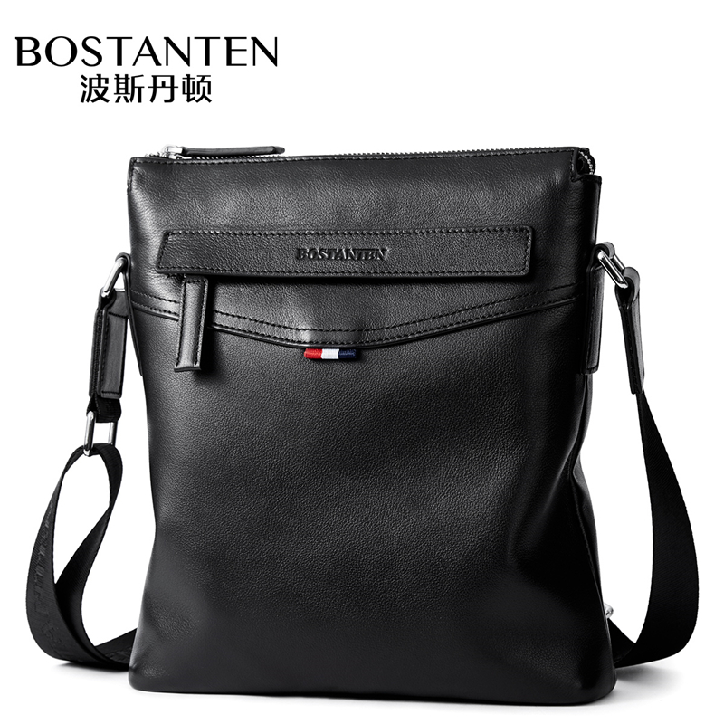 波斯丹顿男包男士单肩包牛皮商务休闲斜挎包 黑色