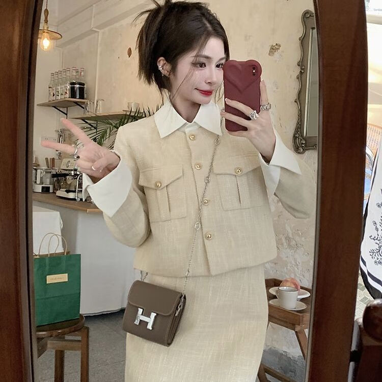 xwdkq胖妹妹大码春秋衣服早气质小香风套装女百搭显瘦长袖外套季a字半