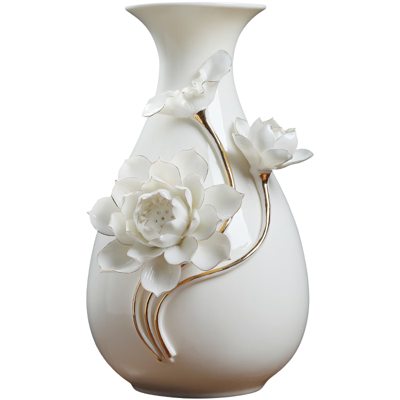 東方泥土高檔描金陶瓷花瓶輕奢擺件 客廳餐桌插花家居新中式白色干花瓷器 荷花描金花瓶（大號）含底座