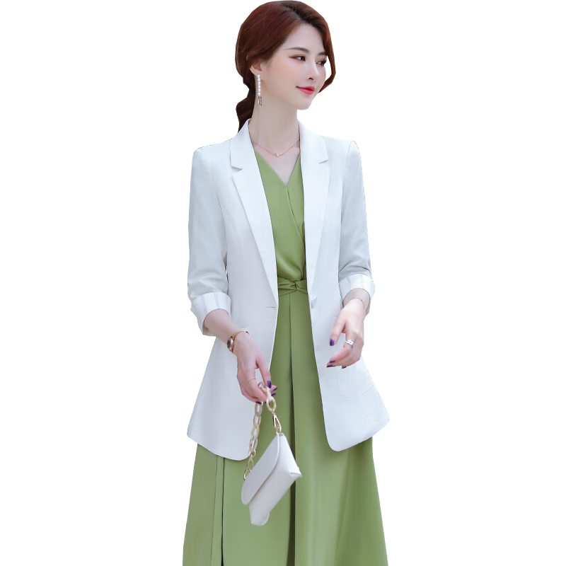 職業(yè)裝連衣裙女七分袖小西裝內(nèi)搭裙子休閑時(shí)尚名媛氣質(zhì)西服套裝裙 白色西裝+牛油果綠色連衣裙 2XL 建議120-130斤