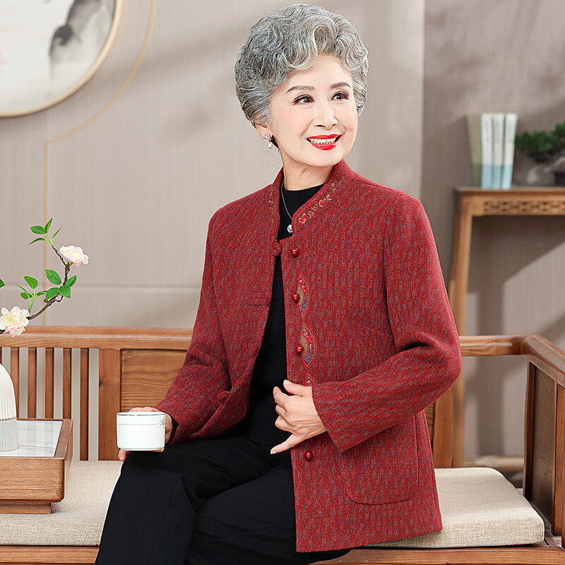 孜颜中老年女装毛呢外套春秋唐装妈妈装老人衣服70岁80奶奶春装大衣女 红色 XL (80-100斤)