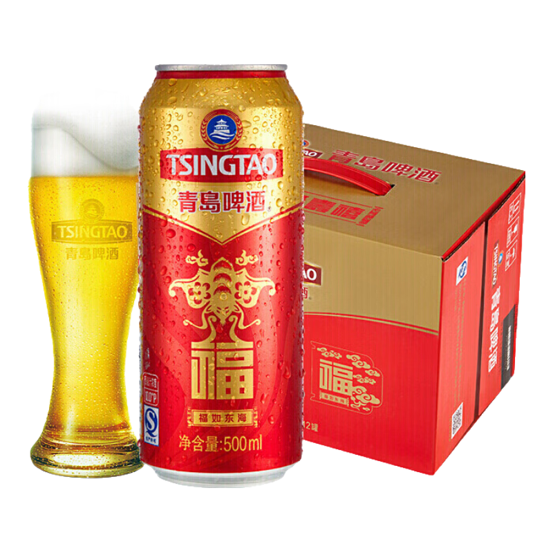 再降价：青岛啤酒 TSINGTAO 福如东海10度红罐啤酒500mL*12罐整箱装*2件+凑单