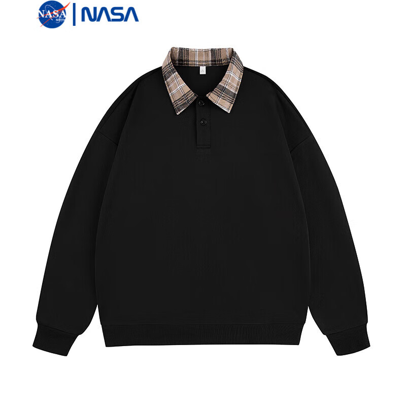 NASAMITOO拼接翻领卫衣男士2024秋季新款宽松休闲简约百搭上衣 黑色 L
