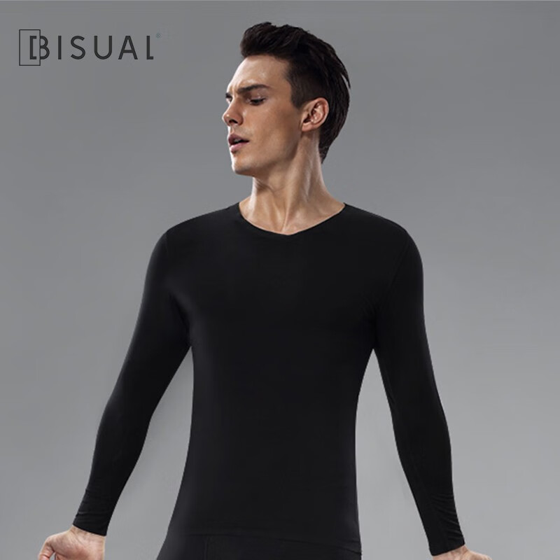必行（bisual）单件男士保暖内衣莫代尔V领保暖衣紧身打底秋衣无痕薄款男士上衣 黑色 L （适合100-120斤）