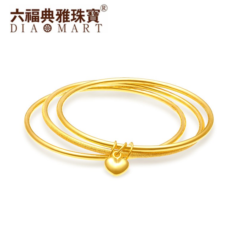 六福典雅珠宝 三生三世的黄金手镯女士款999足金光面磨砂三圈手环传承