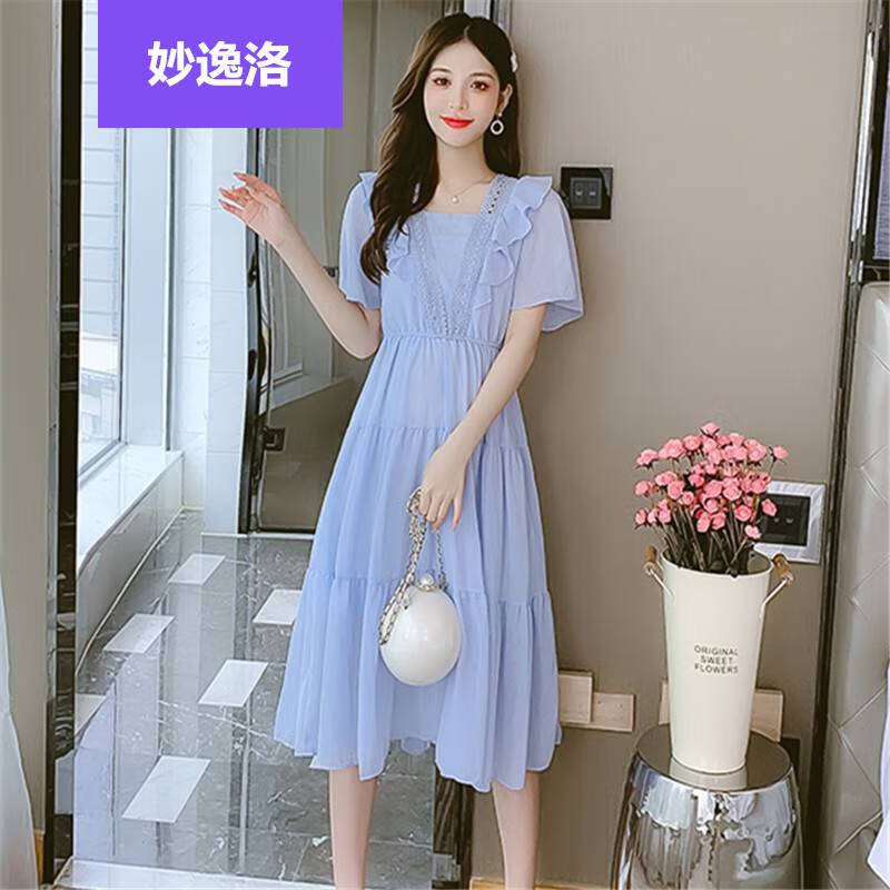 方领温柔风荷叶边长裙夏季新款小清新高腰雪纺连衣裙时髦网红 天蓝色