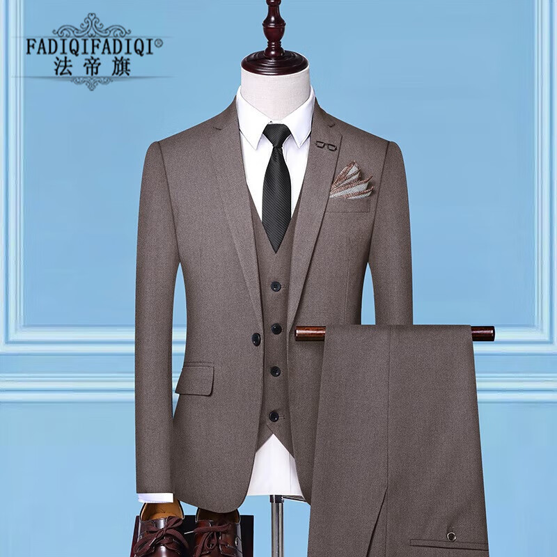 法帝旗品牌2024秋季男韩版修身商务休闲西服套装西装三件套 卡其色 m