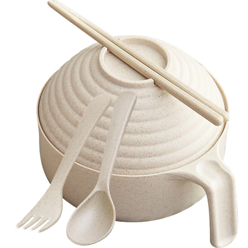 巧居巧具小麦秸秆餐具泡面碗带盖饭碗个人专用碗具套装汤碗大号碗筷家用 【卡其米】5件套