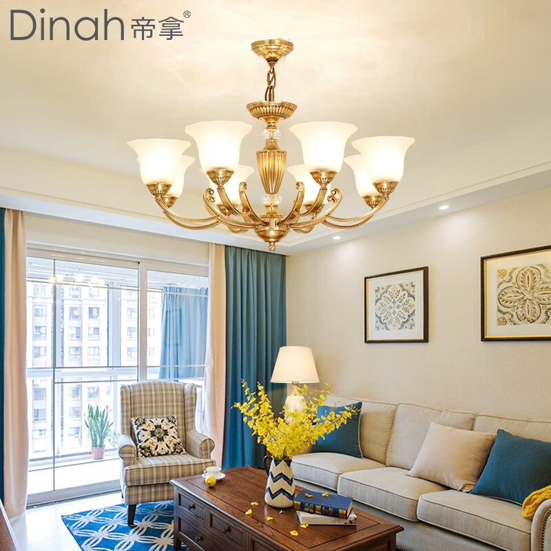 帝拿（DINAH） 美式复古全铜吊灯轻奢大气客厅灯创意餐厅卧室灯 3头（φ52*H42cm）-三色变光