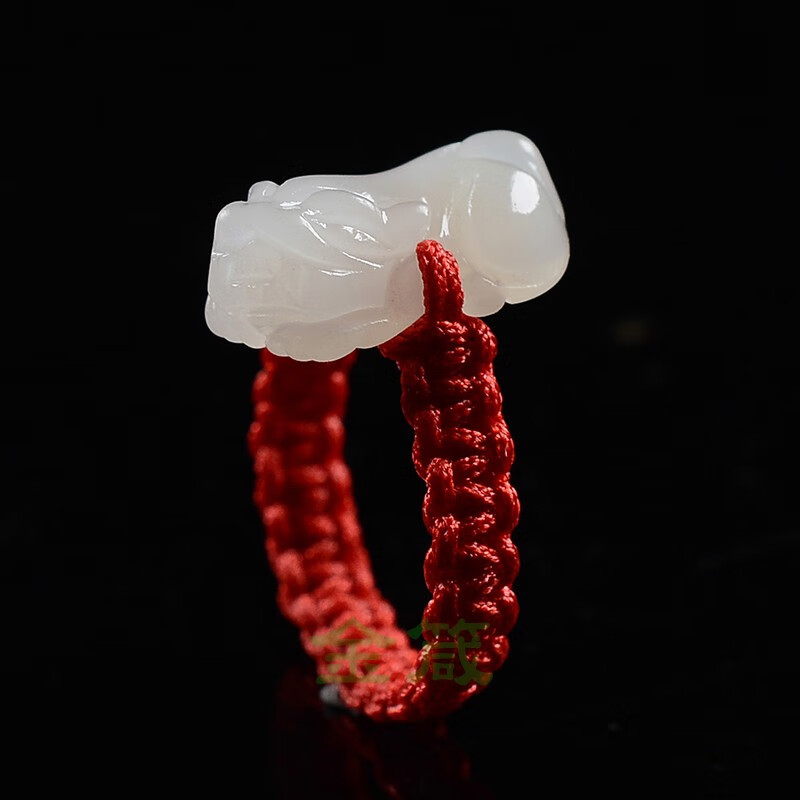 碧凤阁 天然和田玉白玉貔貅戒指玉石男女手工编织红绳指环玉器 白色款