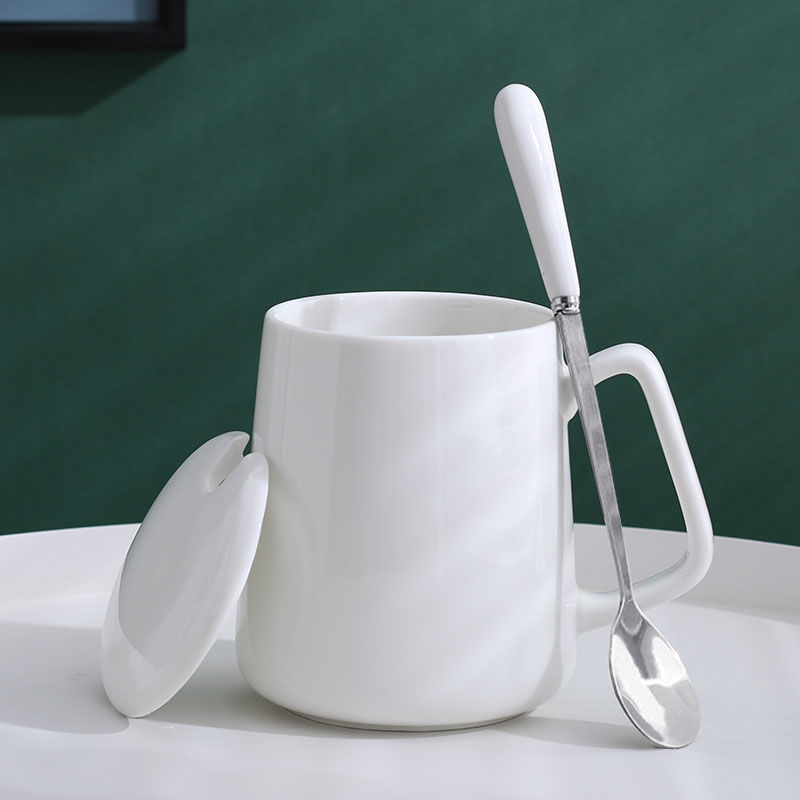 京闖创意陶瓷杯可爱女学生马克杯带盖勺办公室喝水杯男家用早餐咖啡杯 大肚杯-纯白色杯 白杯+白盖+白钢勺