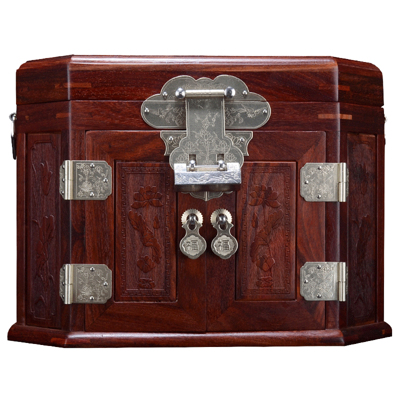 一舍 红木实木首饰盒大红酸枝雕花高档中式复古典结婚嫁妆梳妆盒珠宝箱 血檀雕花款