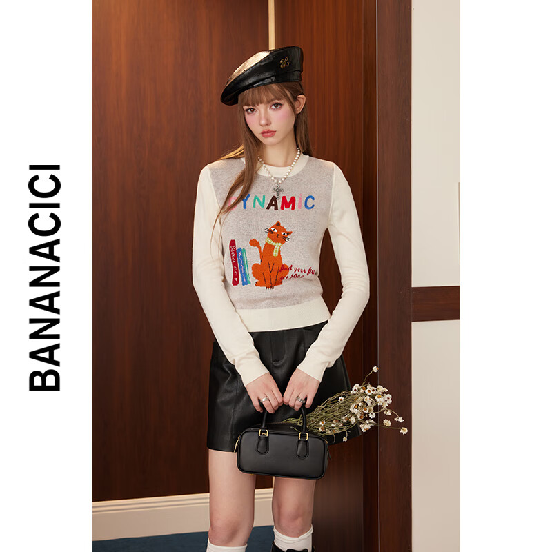 banana cici2024年秋季新款原创BC猫咪系列提花长袖套头针织衫C243MY112 白色 XL