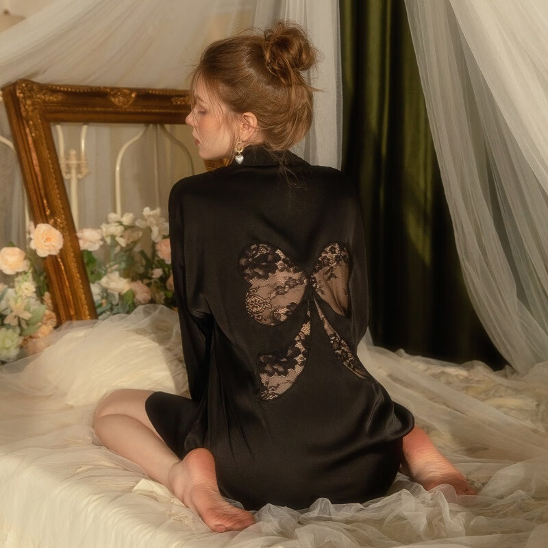 纯欲蚕丝透视睡衣 100%桑蚕丝睡衣女真丝家居服镂空蝴蝶结长袖性感