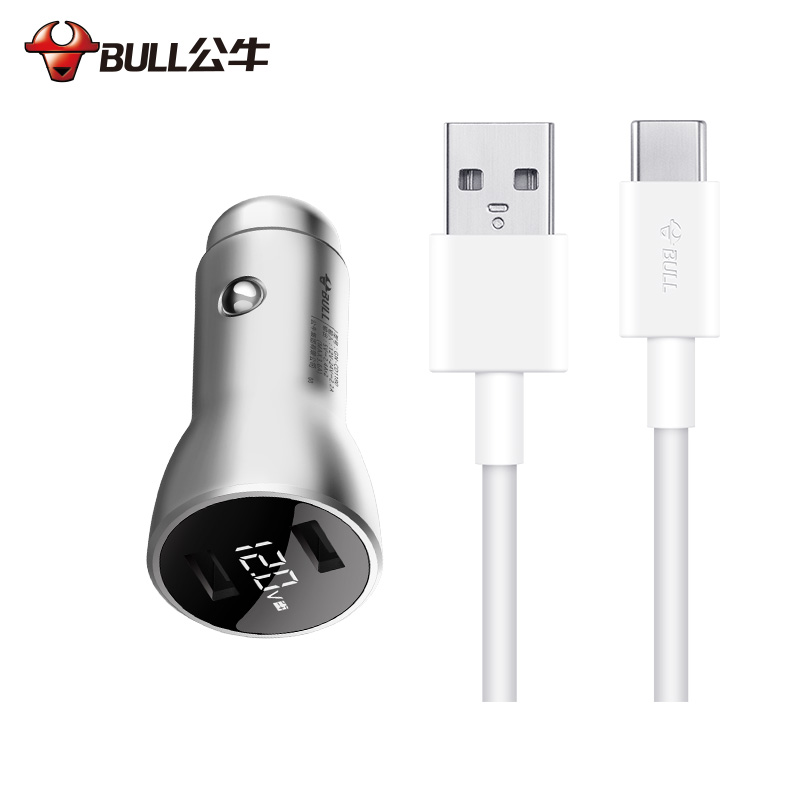 公牛(BULL)车载充电器LED数显 银色5V/3.6A双USB一拖二 电压检测+TP-C数据线
